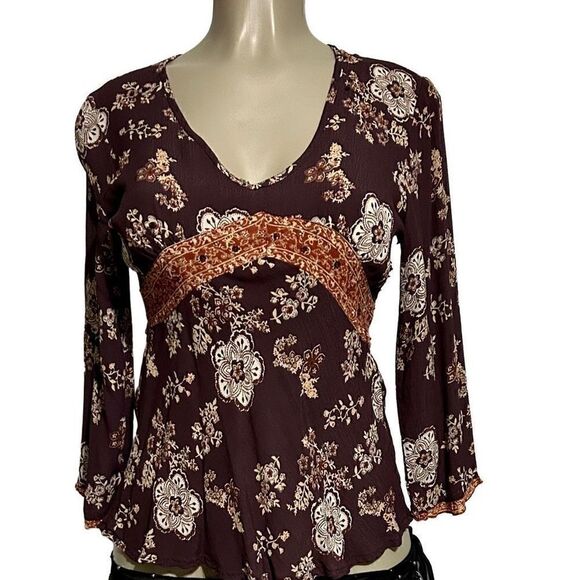 Quizz Bazaar Blouse Women's Medium Burgundy & White Flowy Floral Vintage Top - Picture 10 of 13